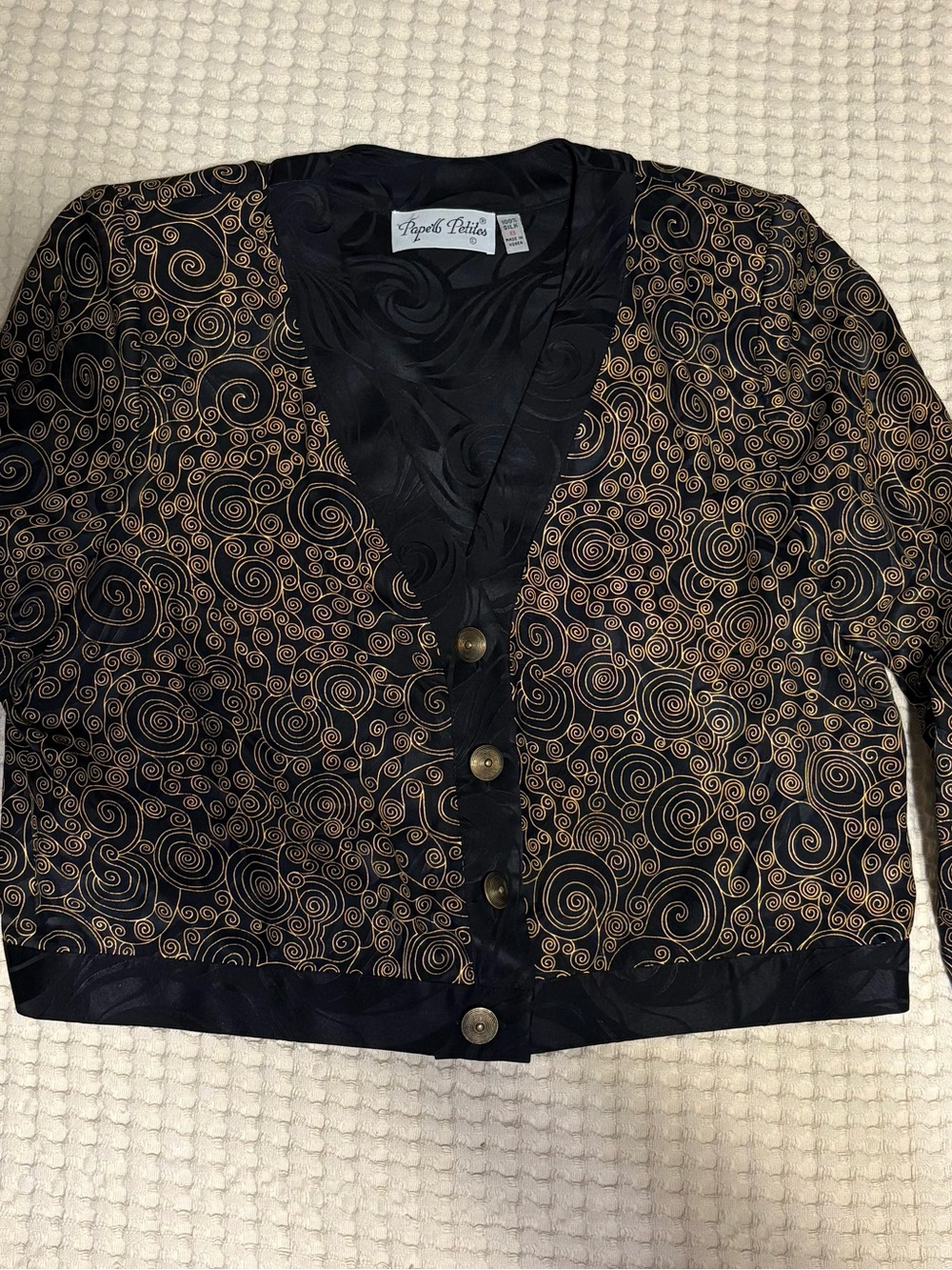 Vintage Adrianna Papell Petites 100% silk gold and black blazer top